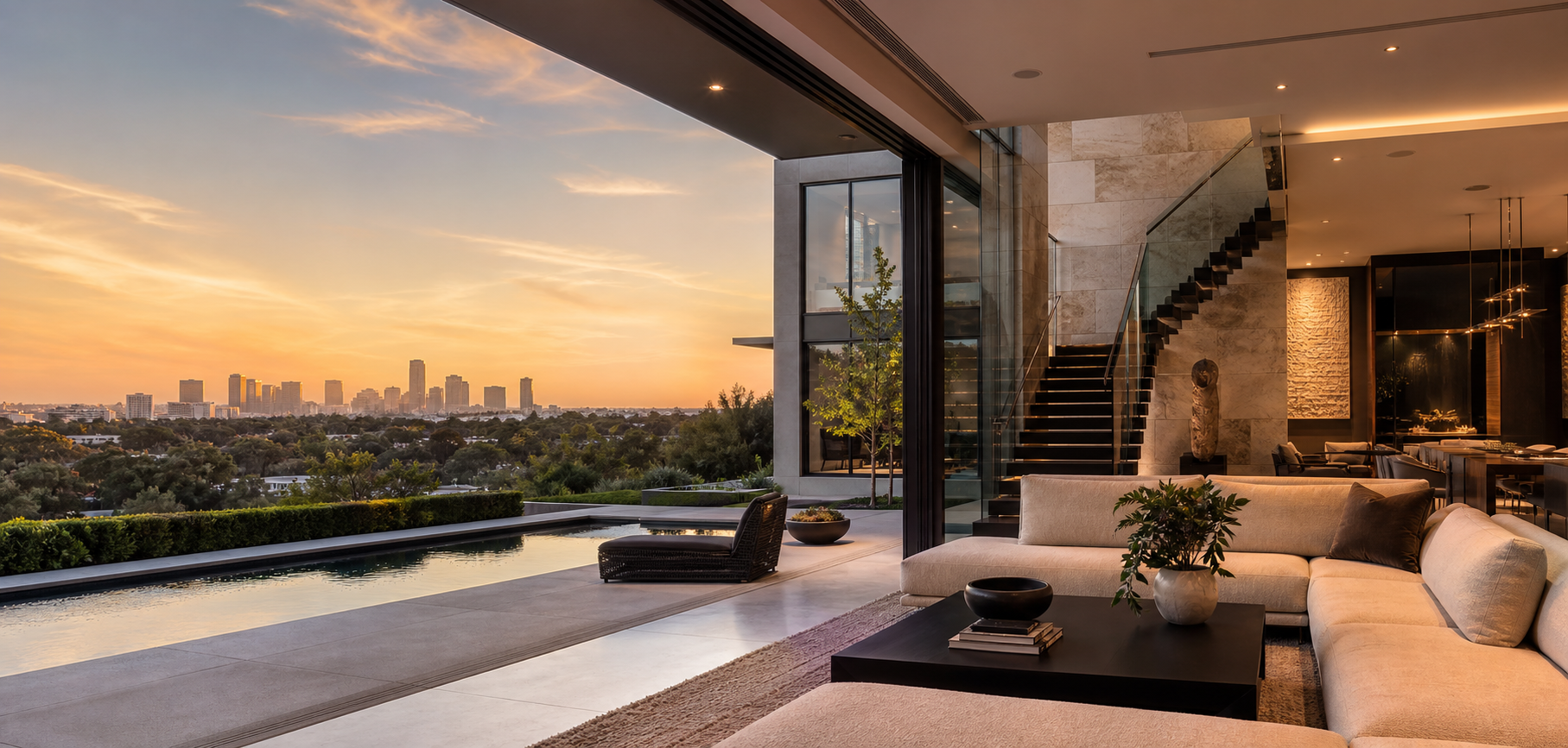 Modern luxury residence interior with pool terrace